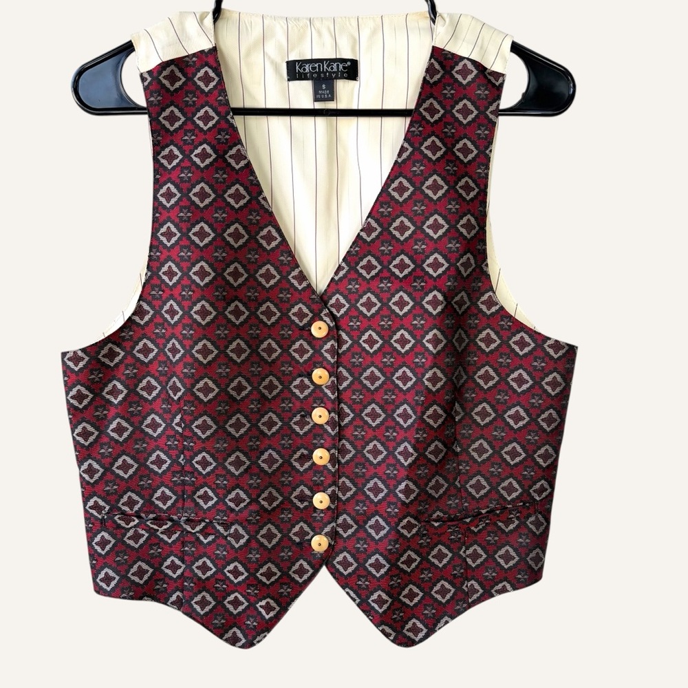 Vintage 90s Karen Kane Red‎ Black Geometric Tapestry Vest Women’s Size Small